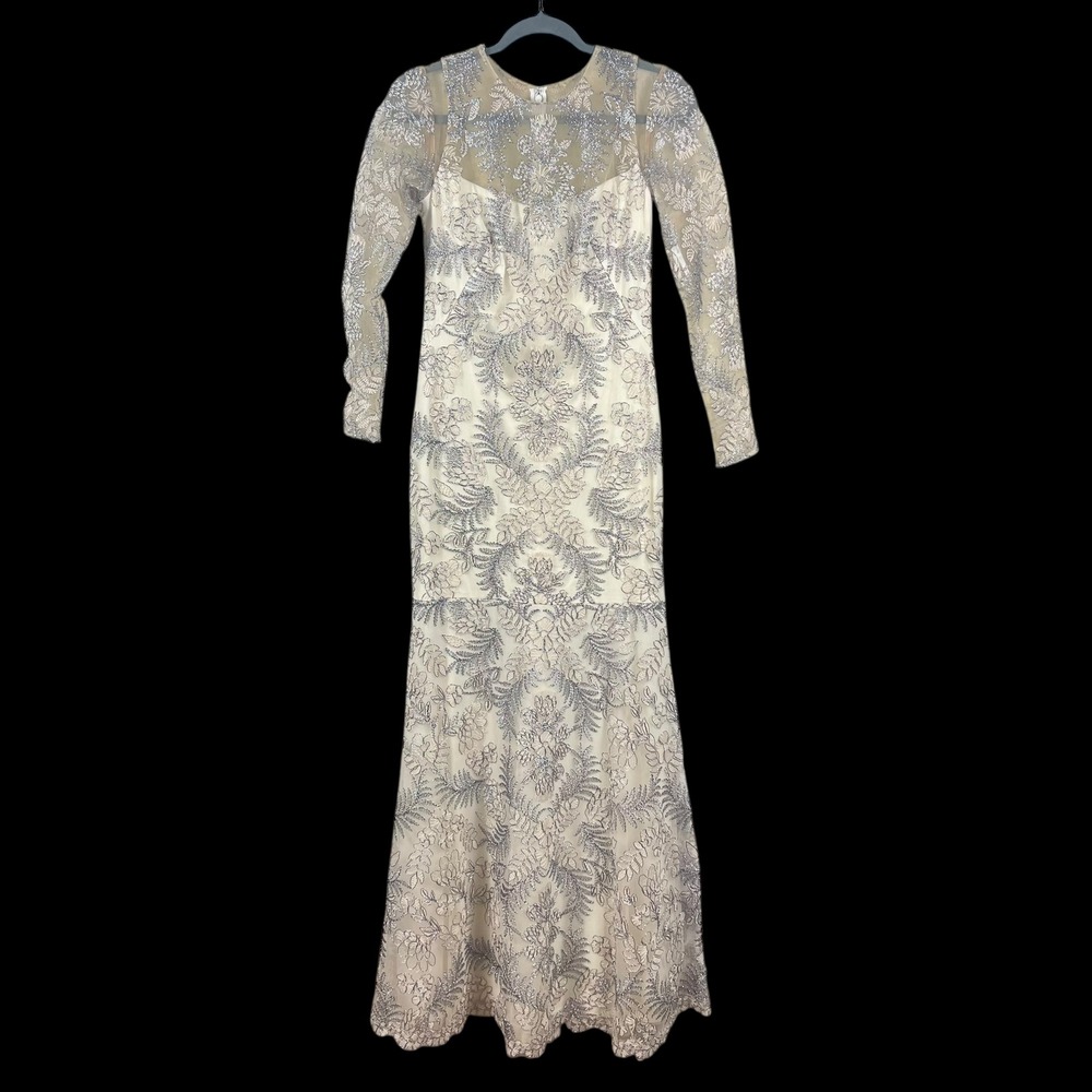 Tadashi‎ Shoji Long Sleeve Lace Gown Ivory Silver Size 2 Formal Evening Event